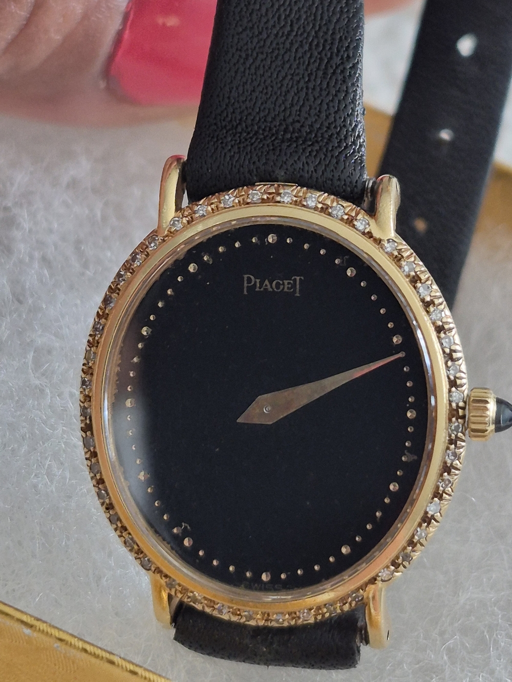 Piaget Women's Black Dial Gold 18k Diamond Bezel Leather Strap Watch